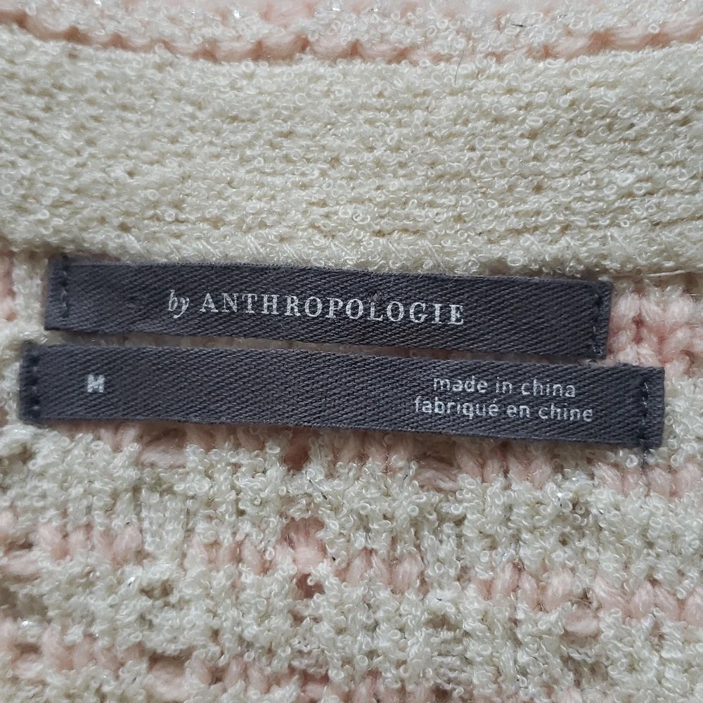 Anthropologie Plaid Tweed Knit Sweater Tee • Fringe Shimmer Pink Cream M - Picture 11 of 12